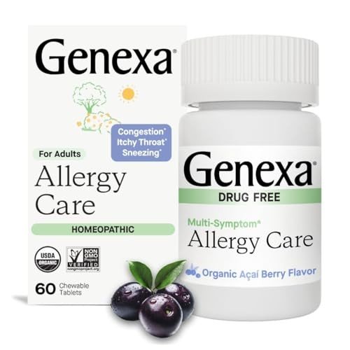 Genexa Allergy Care | Drug Free, Non-Drowsy Allergy Relief & Decongestant for Adults| Acai Berry Flavor | Organic & Non-GMO | Homeopathic Remedy Made Clean | 60 Chewable Tablets​