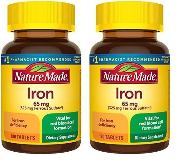 Nature Made Iron 65 mg (325 mg Ferrous Sulfate) Tablets, Dietary Supplement for Red Blood Cell Support, 180 Tablets, 180 Day Supply (Pack of 2)