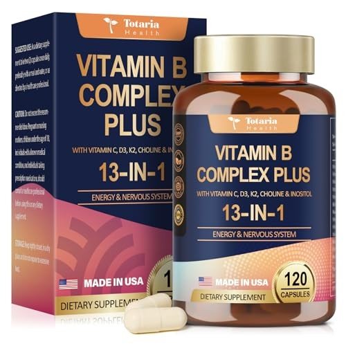 13-in-1 Vitamin B Complex Plus with Vitamin B1, B2, B3 (Niacinamide), B4, B5, B6, B7 (Biotin), B8 (Inositol), B9 (Folate), B12, C, D3, K2 - Energy, Nerve, Immune, Skin Support - 120 Vegan Capsules