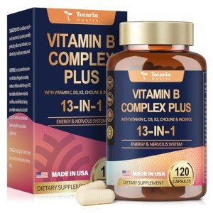 13-in-1 Vitamin B Complex Plus with Vitamin B1, B2, B3 (Niacinamide), B4, B5, B6, B7 (Biotin), B8 (Inositol), B9 (Folate), B12, C, D3, K2 - Energy, Nerve, Immune, Skin Support - 120 Vegan Capsules
