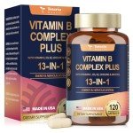 13-in-1 Vitamin B Complex Plus with Vitamin B1, B2, B3 (Niacinamide), B4, B5, B6, B7 (Biotin), B8 (Inositol), B9 (Folate), B12, C, D3, K2 - Energy, Nerve, Immune, Skin Support - 120 Vegan Capsules