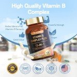 13-in-1 Vitamin B Complex Plus with Vitamin B1, B2, B3 (Niacinamide), B4, B5, B6, B7 (Biotin), B8 (Inositol), B9 (Folate), B12, C, D3, K2 - Energy, Nerve, Immune, Skin Support - 120 Vegan Capsules