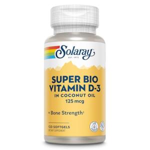 SOLARAY Super Bio Vitamin D3 in Coconut Oil - D3 Vitamin 5000 IU - Bone Health and Immune Support Supplement - Lab Verified, Made Wtihout Soy, 60-Day Guarantee - 120 Softgels, 120 Servings