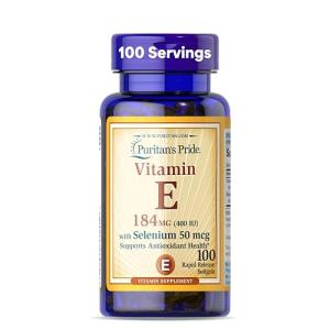 Puritan's Pride Vitamin E 184mg (400 IU) with Selenium 50mcg, Vitamin Supplement For Immune System and Antioxidant Health Support, 3 Month Supply, 100 Rapid Release Softgels