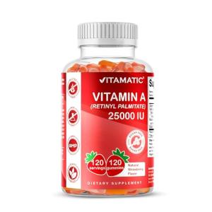 Vitamatic Sugar Free Vitamin A 25000 IU Gummies (Retinyl Palmitate) - Natural Strawberry Flavor - 120 Pectin Based Gummies (1 Bottle)