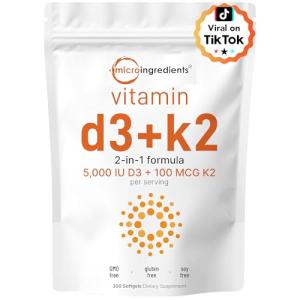 Micro Ingredients Vitamin D3 5,000 IU + K2 MK-7 100 mcg, 300 Softgels | 2-in-1 Vitamins D & K Complex | Extra Strength, Easy to Swallow, Non-GMO, Gluten Free