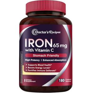 Doctor's Recipes Iron Supplement 65 mg with Vitamin C - Maximized Absorption & Stomach Friendly Iron Pills for Red Blood Cells Formation, Heart, Brain & Immunity Health - Vegan Non-GMO 180 Iron Tabs