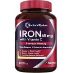 Doctor's Recipes Iron Supplement 65 mg with Vitamin C - Maximized Absorption & Stomach Friendly Iron Pills for Red Blood Cells Formation, Heart, Brain & Immunity Health - Vegan Non-GMO 180 Iron Tabs