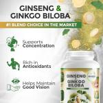 GreeNatr Ginko Biloba & Panax Ginseng Supplement - Red Ginseng Brain Supplement for Memory and Focus - Ginkgo Biloba Supplements for Good Vision, Immune System and Improved Blood Flow - 120 Tablets