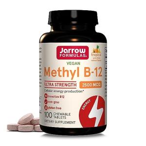 Jarrow Formulas Ultra Strength Methyl B-12, Dietary Supplement for Cellular Energy Production, 100 Tropical-Flavored Chewable Tablets, Up to a 100 Day Supply