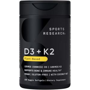 Sports Research® Vitamin D3 + K2 w/Coconut Oil - Vegan Vitamin D 5000iu & Mk7 Vitamin K 100mcg for Bone & Immune Support - Vegan Certified · Non-GMO · Soy Free - 120 Softgels