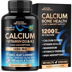Calcium Supplements for Women - Calcium 1200 mg with Vitamin D3 & K2 - Bone Health, Strength & Density - High Absorption, Slow Release - Made in USA - Citrate & Carbonate Form, 180 Tablets for 2 Month