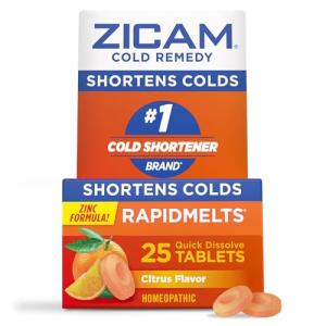 Zicam Zinc Cold Remedy RapidMelts,Citrus Flavor, Homeopathic, Pre-Cold Medicine, Shortens Cold Duration, 25 Count