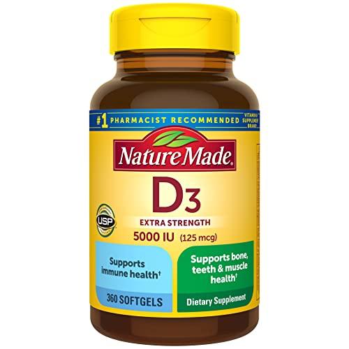 Nature Made Vitamin D3 5000 IU (125 mcg) Softgels, Extra Strength Vitamin D Supplement for Bone and Immune Health Support, 360 Count, 360 Day Supply