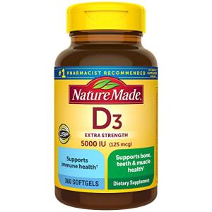 Nature Made Vitamin D3 5000 IU (125 mcg) Softgels, Extra Strength Vitamin D Supplement for Bone and Immune Health Support, 360 Count, 360 Day Supply