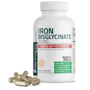 Bronson Iron Bisglycinate 25 mg Gentle on The Stomach, Supports Energy & Healthy Red Blood Cell Production - Non-Constipating Formula - Non GMO, 180 Vegetarian Capsules