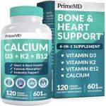 4-in-1 Calcium Supplements for Women and Men - Calcium with Vitamin D3 K2 5000 IU Supplement, 601mg per Serving - Gluten-Free, Vegan-Friendly (120 ct)