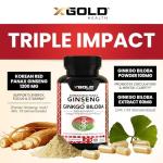 X Gold Health Extra Strength Korean Red Panax Ginseng (7% Ginsenosides) + Ginkgo Biloba – Energy, Focus & Vitality – Non-GMO 120 Capsules