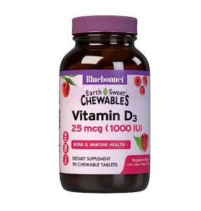 Bluebonnet Nutrition EarthSweet Vitamin D3 1000IU - Bone & Immune Support Supplement - Raspberry Chewable Vitamin D Supplement for Women & Men - Soy-Free, Gluten-Free, Non-GMO - 90 Tablets