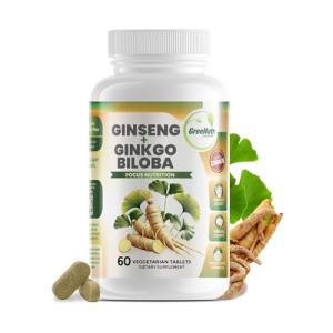 GreeNatr Ginko Biloba & Panax Ginseng Supplement - Red Ginseng Brain Supplement for Memory and Focus - Ginkgo Biloba Supplements for Good Vision, Immune System and Improved Blood Flow - 60 Tablets