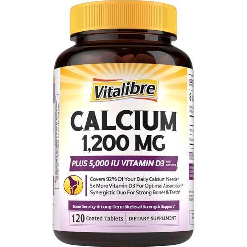 Vitalibre Calcium Supplement for Women & Men, 1200 mg with Vitamin D3 5000 IU, Bone Strength Density, Enhanced Absorption Stomach-Friendly Gentle, No Gluten, No Soy, Non GMO, 120 Coated Tablets