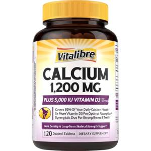 Vitalibre Calcium Supplement for Women & Men, 1200 mg with Vitamin D3 5000 IU, Bone Strength Density, Enhanced Absorption Stomach-Friendly Gentle, No Gluten, No Soy, Non GMO, 120 Coated Tablets