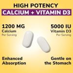 Vitalibre Calcium Supplement for Women & Men, 1200 mg with Vitamin D3 5000 IU, Bone Strength Density, Enhanced Absorption Stomach-Friendly Gentle, No Gluten, No Soy, Non GMO, 120 Coated Tablets
