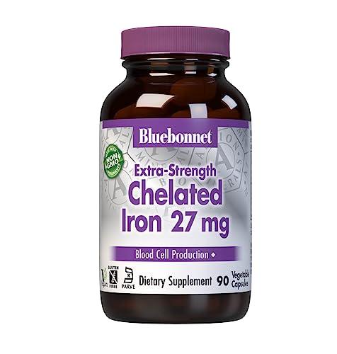 Bluebonnet Nutrition Albion Extra-Strength Chelated Iron 27 mg, For Healthy Red Blood Cell production*, Soy-Free, Gluten-Free, Non-GMO, Kosher, Dairy-Free, Vegan, 90 Vegetable Capsule, 90 Serving