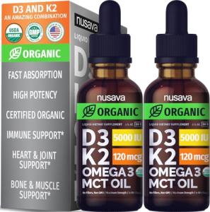 (2 Pack) Organic Vitamin D3 K2 Drops with MCT Oil Omega 3, 5000 IU, Maximum Strength Vitamin D Liquid, No Fillers, Non-GMO Liquid D3 for Faster Absorption and Immune Support (Unflavored, 2 Fl Oz)