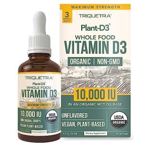 Organic Vitamin D3 10,000 IU - Plant D3, Vegan, Max Strength Sublingual Liquid D3 Drops - 200% Higher Absorption, 100% Plant-Based Cholecalciferol Form & Vegan D3, Adjustable Dosing (30 Servings)