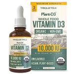 Organic Vitamin D3 10,000 IU - Plant D3, Vegan, Max Strength Sublingual Liquid D3 Drops - 200% Higher Absorption, 100% Plant-Based Cholecalciferol Form & Vegan D3, Adjustable Dosing (30 Servings)