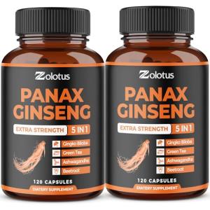 Zolotus Korean Red Panax Ginseng + Ginkgo Biloba, Ashwagandha, Beetroot, Green Tea - 120 Capsules (Pack of 2)