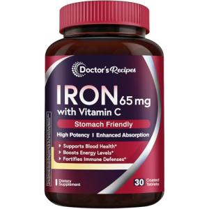 Doctor's Recipes Iron Supplement 65 mg with Vitamin C - Maximized Absorption & Stomach Friendly Iron Pills for Red Blood Cells Formation, Heart, Brain & Immunity Health - Vegan Non-GMO 30 Iron Tablets