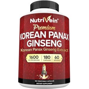 Nutrivein Korean Red Panax Ginseng 1600mg – Extra Strength Formula – 180 Capsules – Boost Energy, Mental Focus & Immune Health Naturally