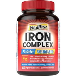 Iron Supplement for Women & Men, with Vitamins C, B6, B12 & Folate for Iron Deficiency, Blood Building & Energy Support, Stomach Friendly, Better Absorption, Non-GMO, No Gluten, 60 Vegan Caps