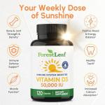 ForestLeaf Vitamin D3 50,000 IU | VIT D - Kosher VIT D3 Vitamin D Supplement for Women and Men | Bone Health, Teeth, Immune Support | Weekly Dose, 2-Year Supply, 120 Caps