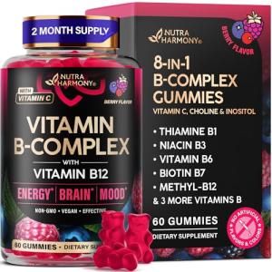 Vitamin B-Complex Gummies for Women & Men - Vitamin B12, B1, B2, B3, B5, B6, B7 & B9 - B Complex with Vitamin C & Choline - Energy, Brain & Mood - Natural Berry Flavor, Vegan - 60 Gummies for 2 Months