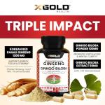 X Gold Health Extra Strength Korean Red Panax Ginseng (7% Ginsenosides) + Ginkgo Biloba – Energy, Focus & Vitality – Non-GMO 120 Capsules