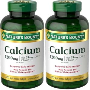 Nature's Bounty Calcium 1200 mg with Vitamin D3, Bone Health & Immune Support, Vitamin D3 1000 IU, 220 Softgels (Pack of 2)