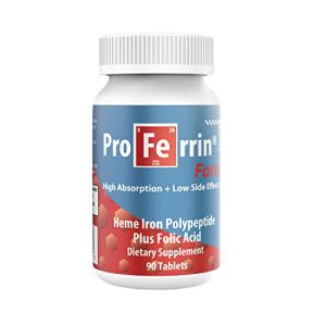 Proferrin Forte-12mg of high Absorbing Heme Iron Polypeptide. Easy on The Gut. 90 Tablets. 1mg of Folic Acid to aid in red Blood Cell Production. Not affected by Coffee, Calcium, or PPI's.