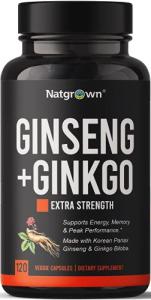 Natgrown Panax Ginseng & Ginkgo Biloba Supplement - Red Korean Ginseng & Ginko Biloba Capsules for Men & Women - Supports Memory Focus & Brain Function - Vegan Pills - 120 Count