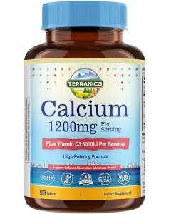 Terranics Calcium 1200 mg with Vitamin D3, High Absorption Calcium Supplement for Women and Men, Supports Bone, Teeth & Immune Health, Easy-to-Swallow Coated Tablets, 90 Count
