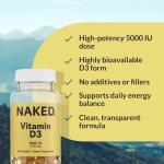 Naked Vitamin D3 5000 IU – High Potency Vitamin D Supplement for Immune Support, Bone Strength, Muscle Function – 200 Vitamin D Softgels