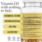 Naked Vitamin D3 5000 IU – High Potency Vitamin D Supplement for Immune Support, Bone Strength, Muscle Function – 200 Vitamin D Softgels