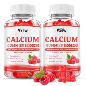 Calcium Gummies 1000mg with Vitamin D3 K2 & B12 Complex, High Absorption Potassium, Calcium Magnesium Zinc Supplement for Bone, Muscle, Mood and Immunity Support, Raspberry Flavor, 120 Count ﻿