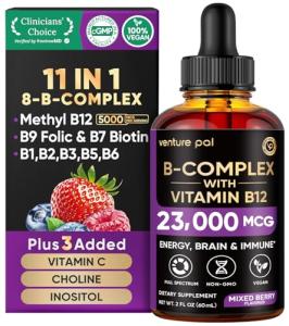 Venture Pal Vitamin B Complex Liquid Drops, B12 Methylcobalamin | B9 Folic | B1,B2,B3,B5,B6,B7 - Vitamin C, Choline, Inositol, Immune & Energy Metabolism, Brain & Heart Support