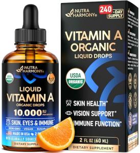USDA Organic Vitamin A 10000 IU - Vitamin A Supplement Liquid Drops - Extra Strength for Skin Health, Eyes & Immune Support - Orange Flavour - Vegan & Sugar-free, Made in USA - 2 Fl Oz, 240-Day Supply