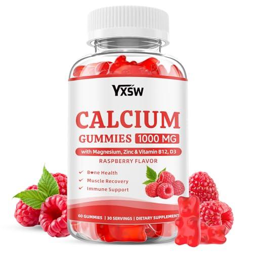 Calcium Gummies 1000mg with Vitamin D3 K2 & B12 Complex, High Absorption Potassium, Calcium Magnesium Zinc Supplement for Bone, Muscle, Mood and Immunity Support, Raspberry Flavor, 120 Count ﻿