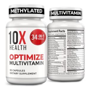 10X Health Optimize Methylated Multivitamin for Men & Women - 34 in 1 Formula with 800 mcg of Vitamin B12, Vitamin E, 5-MTHF, B Complex, NAC, Magnesium & Zinc Multivitamins - 90 Capsules