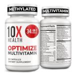 10X Health Optimize Methylated Multivitamin for Men & Women - 34 in 1 Formula with 800 mcg of Vitamin B12, Vitamin E, 5-MTHF, B Complex, NAC, Magnesium & Zinc Multivitamins - 90 Capsules